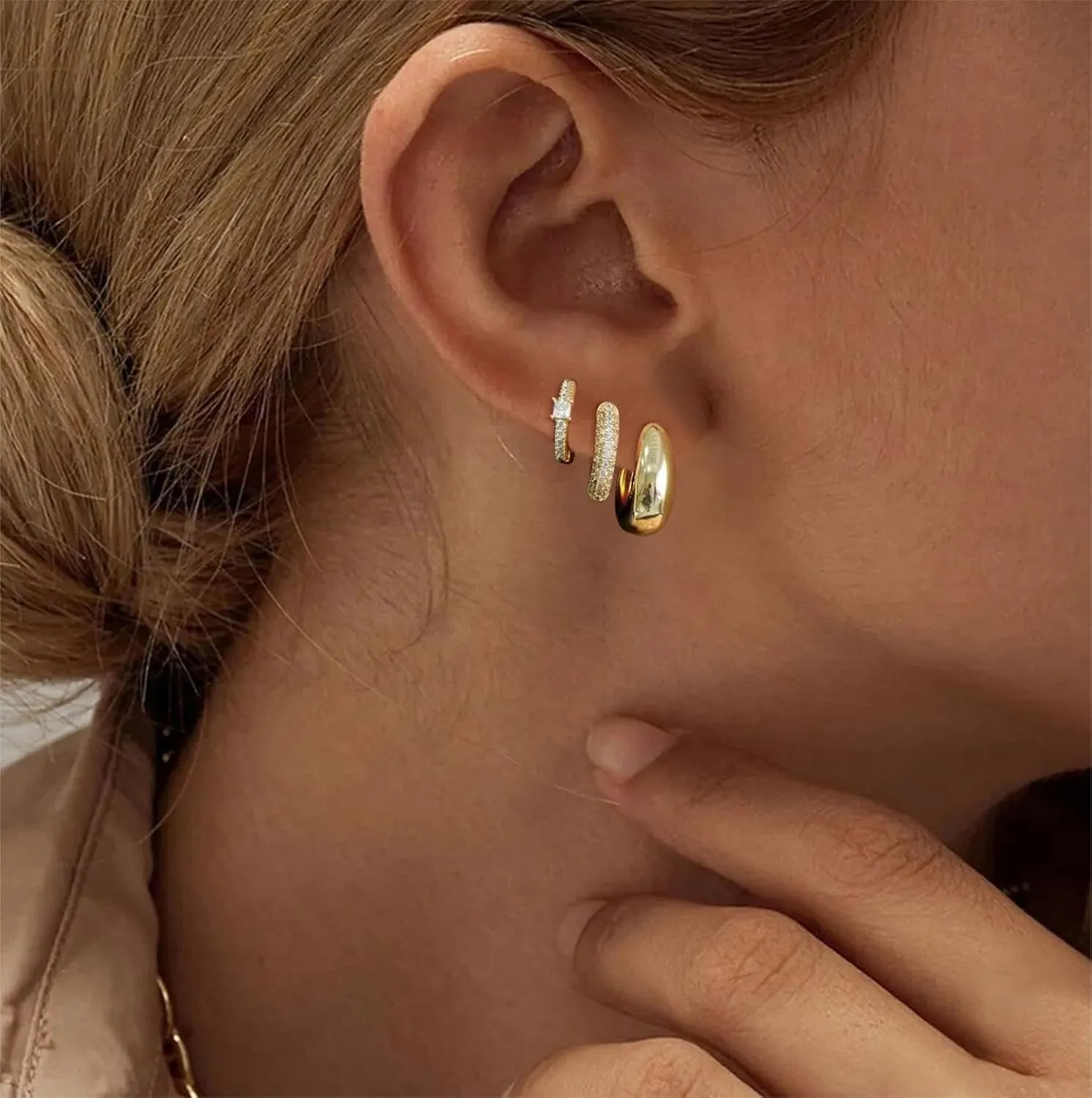 ASCOMY 3 Pairs Gold Hoop Earrings for Women Gold Earrings Set Twisted Huggie Hoops Earrings 14K Gold/White Gold Plated Lightweight Hypoallergenic Chunky Open Hoop Earrings Set Jewelry Gifts for Women