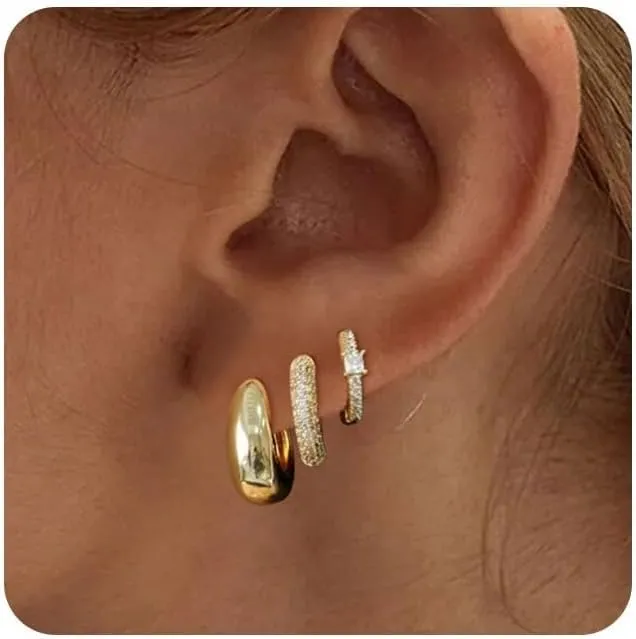 ASCOMY 3 Pairs Gold Hoop Earrings for Women Gold Earrings Set Twisted Huggie Hoops Earrings 14K Gold/White Gold Plated Lightweight Hypoallergenic Chunky Open Hoop Earrings Set Jewelry Gifts for Women