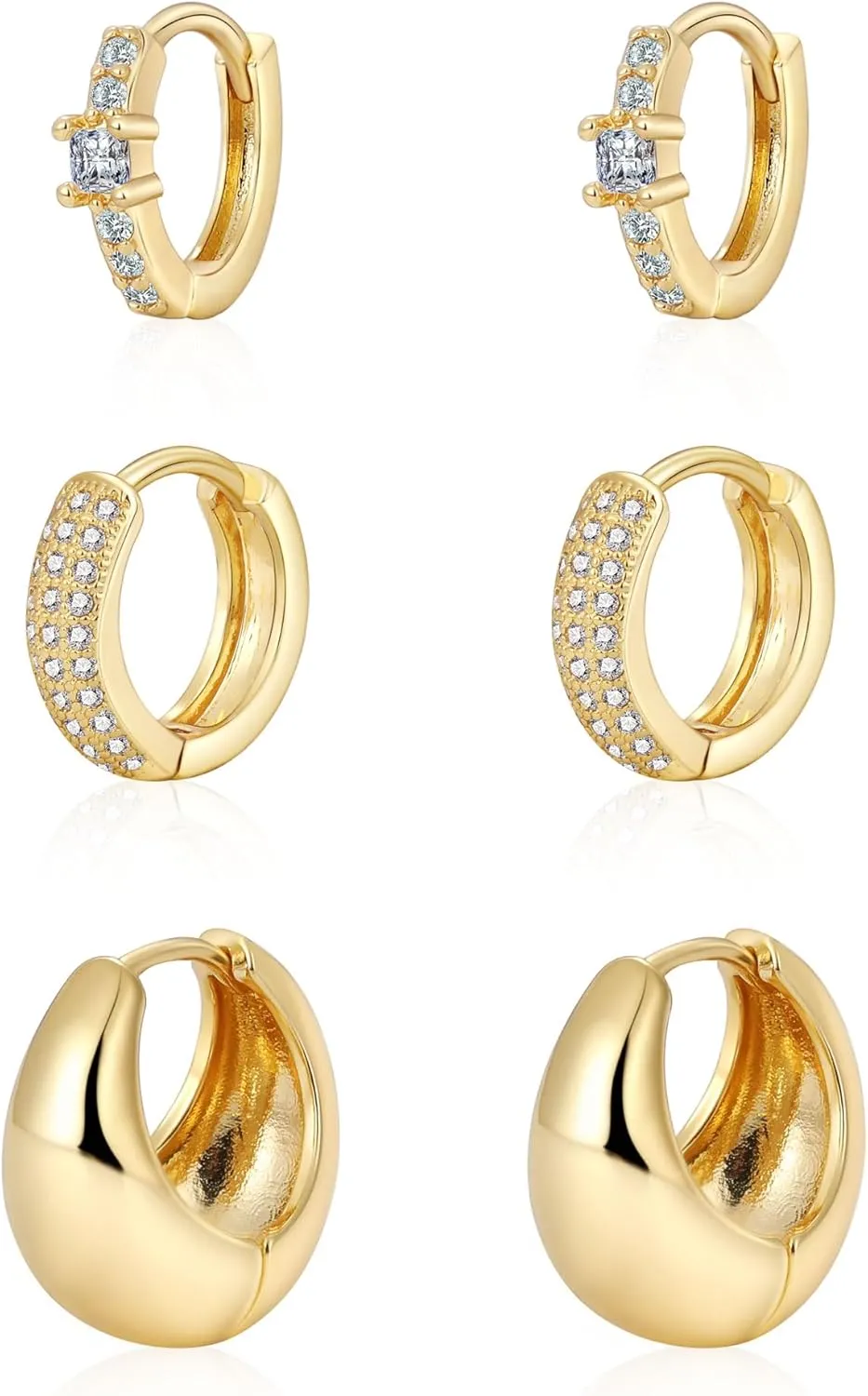 ASCOMY 3 Pairs Gold Hoop Earrings for Women Gold Earrings Set Twisted Huggie Hoops Earrings 14K Gold/White Gold Plated Lightweight Hypoallergenic Chunky Open Hoop Earrings Set Jewelry Gifts for Women