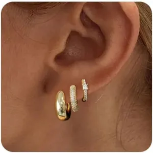 ASCOMY 3 Pairs Gold Hoop Earrings for Women Gold Earrings Set Twisted Huggie Hoops Earrings 14K Gold/White Gold Plated Lightweight Hypoallergenic Chunky Open Hoop Earrings Set Jewelry Gifts for Women