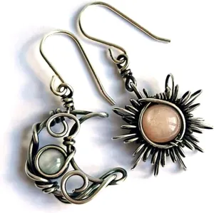 Asymmetrical Sun and Moon Drop Dangle Earrings Rhinestone Crystal Moonstone Crescent Star Long Stud Earrings Boho Bohemian for Women Celestial Planet Christmas Jewelry