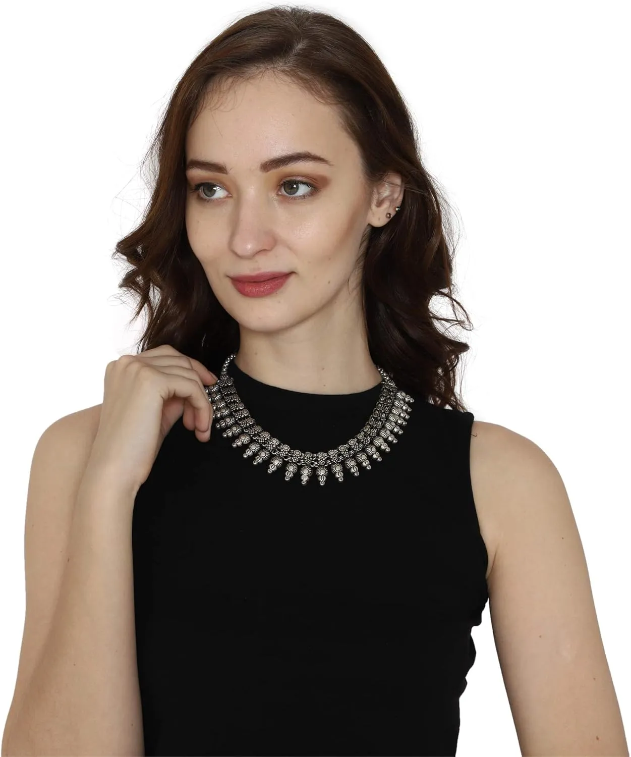 athizay Chunky Necklace Choker for women Indian oxidised silver fashion jewelry tribal inspired antique textured Chokers Metal jewellery