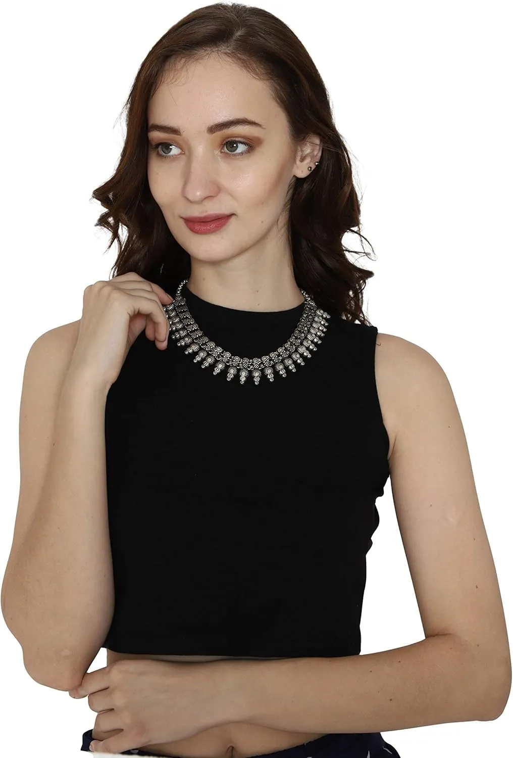 athizay Chunky Necklace Choker for women Indian oxidised silver fashion jewelry tribal inspired antique textured Chokers Metal jewellery