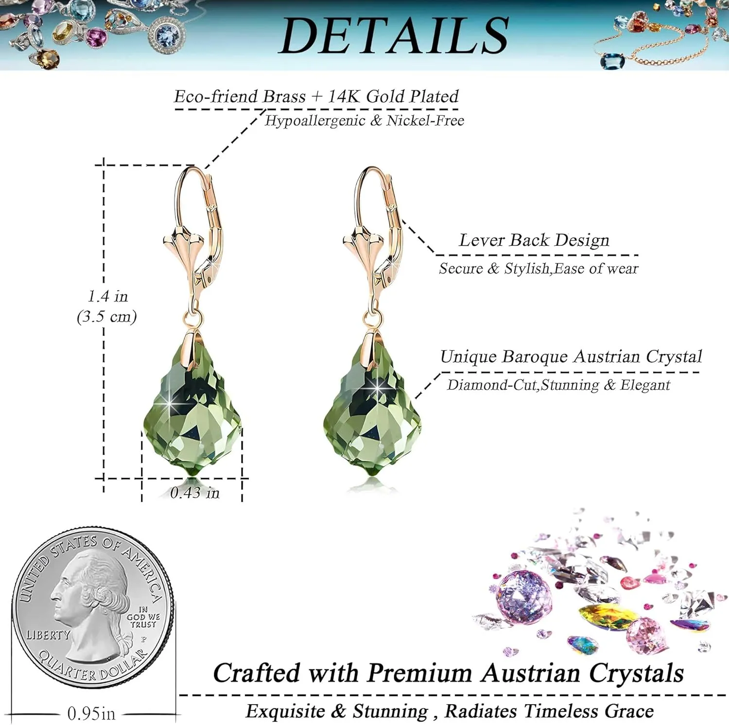Austrian Crystal Baroque Drop Leverback Earrings for Women Fashion 14K Gold Plated Hypoallergenic Jewelry