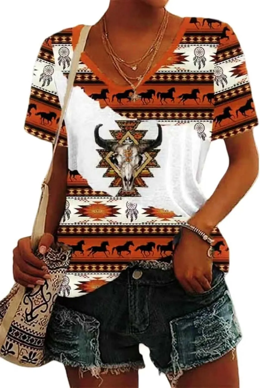 Aztec Print Tops for Women Western Tribal Ethnic Style Short Sleeved Shirt V-Neck Casual Loose Fitting T-Shirt