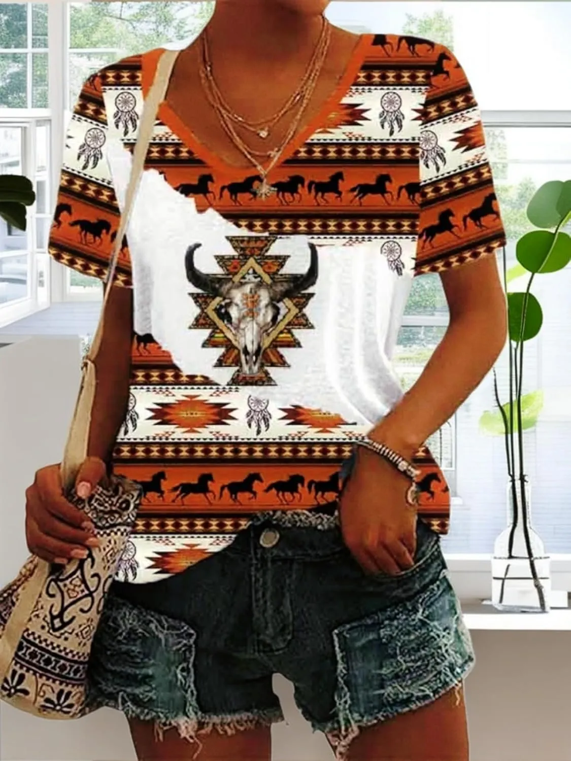 Aztec Print Tops for Women Western Tribal Ethnic Style Short Sleeved Shirt V-Neck Casual Loose Fitting T-Shirt
