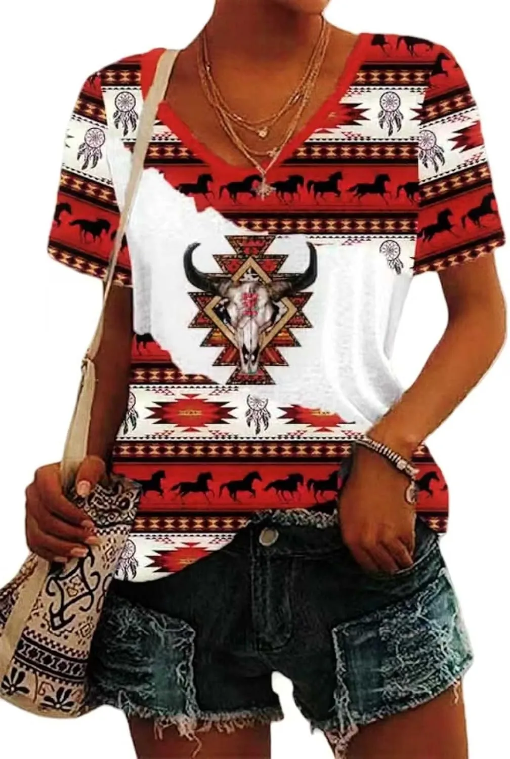 Aztec Print Tops for Women Western Tribal Ethnic Style Short Sleeved Shirt V-Neck Casual Loose Fitting T-Shirt