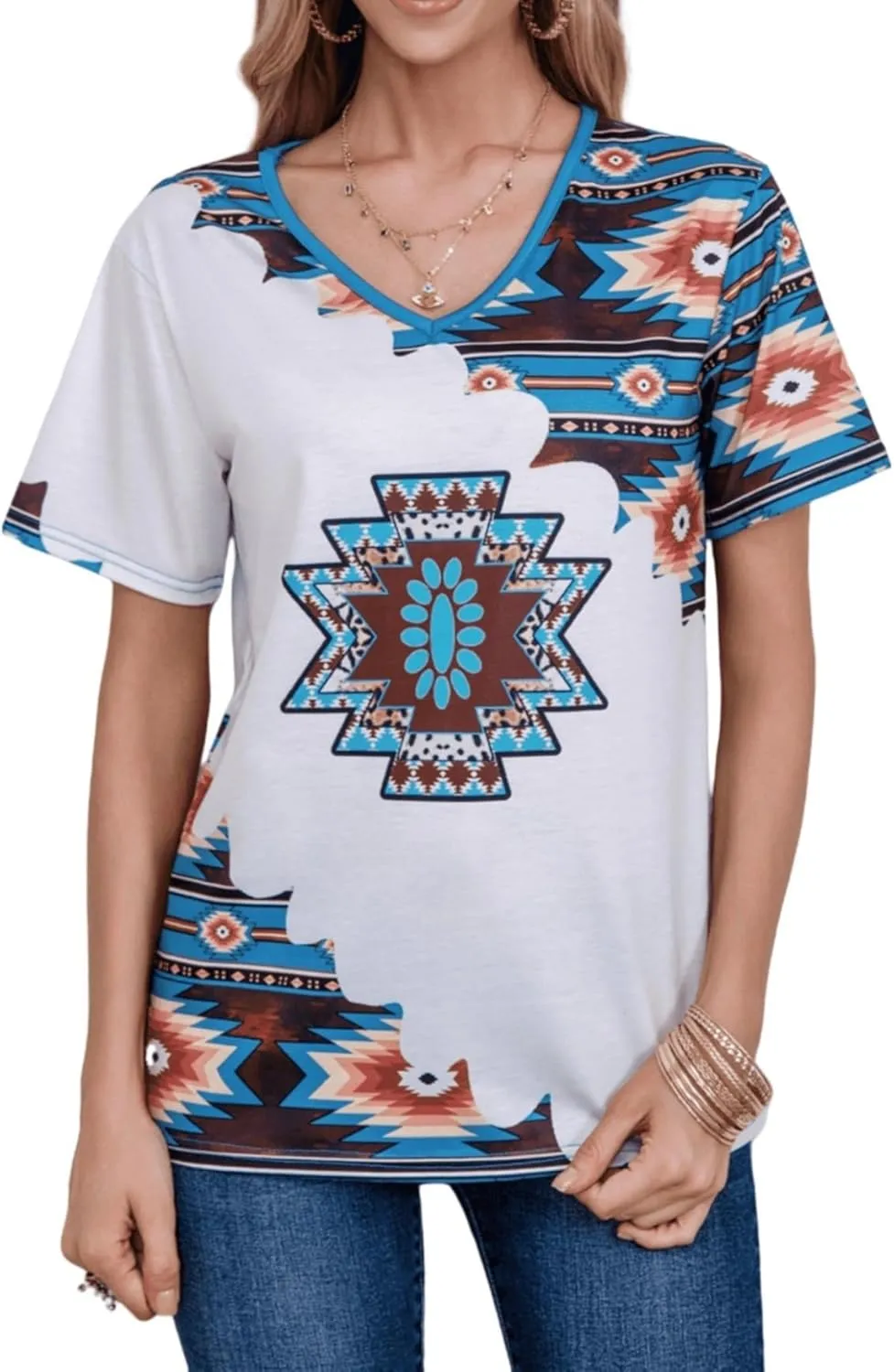 Aztec Print Tops for Women Western Tribal Ethnic Style Short Sleeved Shirt V-Neck Casual Loose Fitting T-Shirt