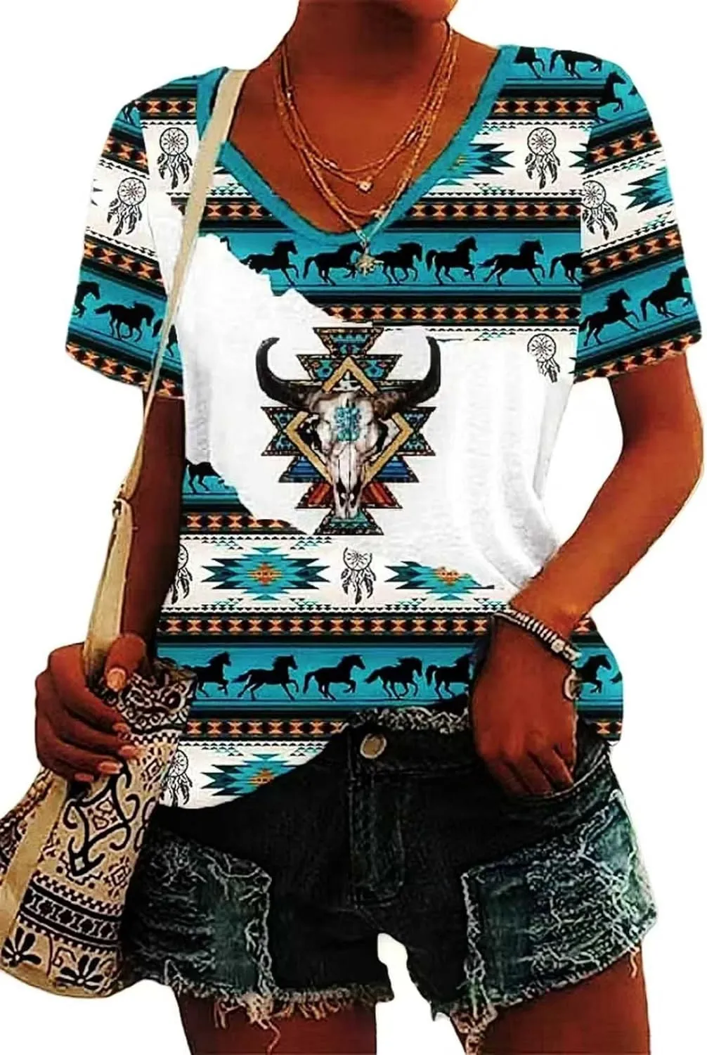 Aztec Print Tops for Women Western Tribal Ethnic Style Short Sleeved Shirt V-Neck Casual Loose Fitting T-Shirt