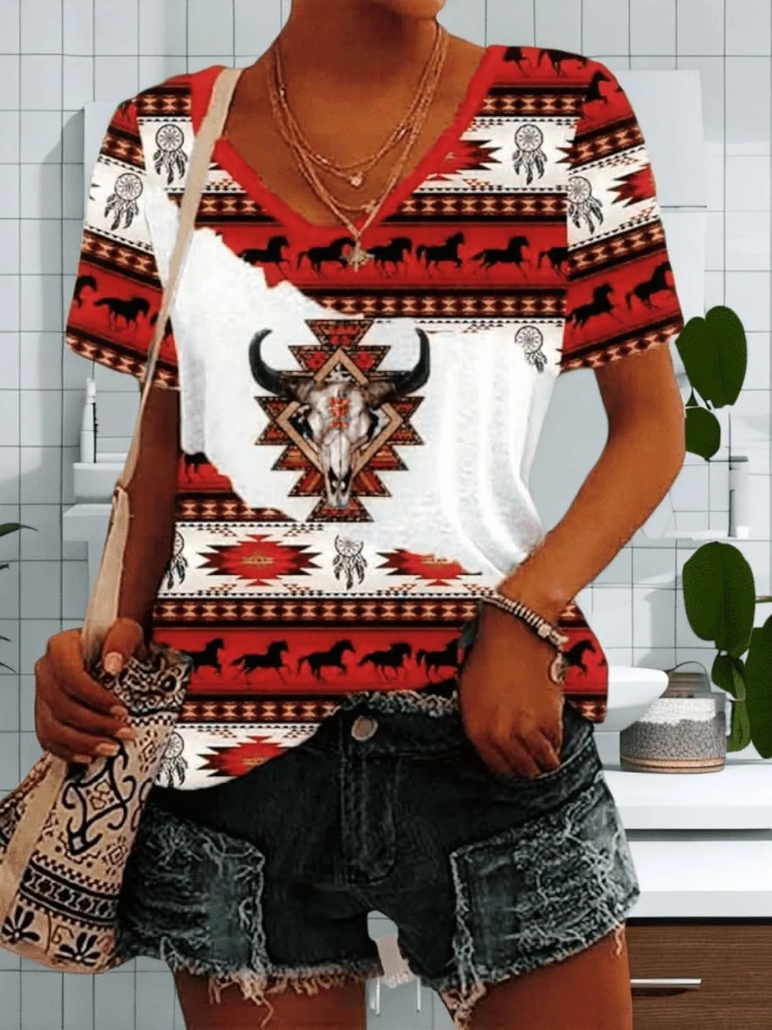 Aztec Print Tops for Women Western Tribal Ethnic Style Short Sleeved Shirt V-Neck Casual Loose Fitting T-Shirt