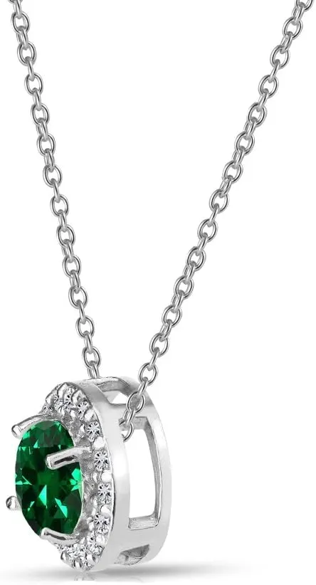 B. BRILLIANT Emerald Necklace for Women Sterling Silver Simulated Green Gemstone & White Topaz Round Halo Slide Pendant for Bridesmaids Gift Summer Fashion Trendy