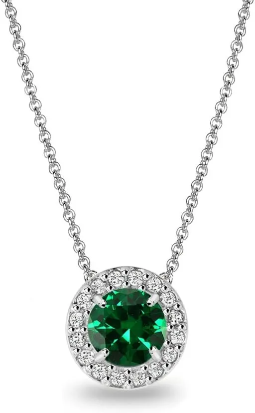 B. BRILLIANT Emerald Necklace for Women Sterling Silver Simulated Green Gemstone & White Topaz Round Halo Slide Pendant for Bridesmaids Gift Summer Fashion Trendy