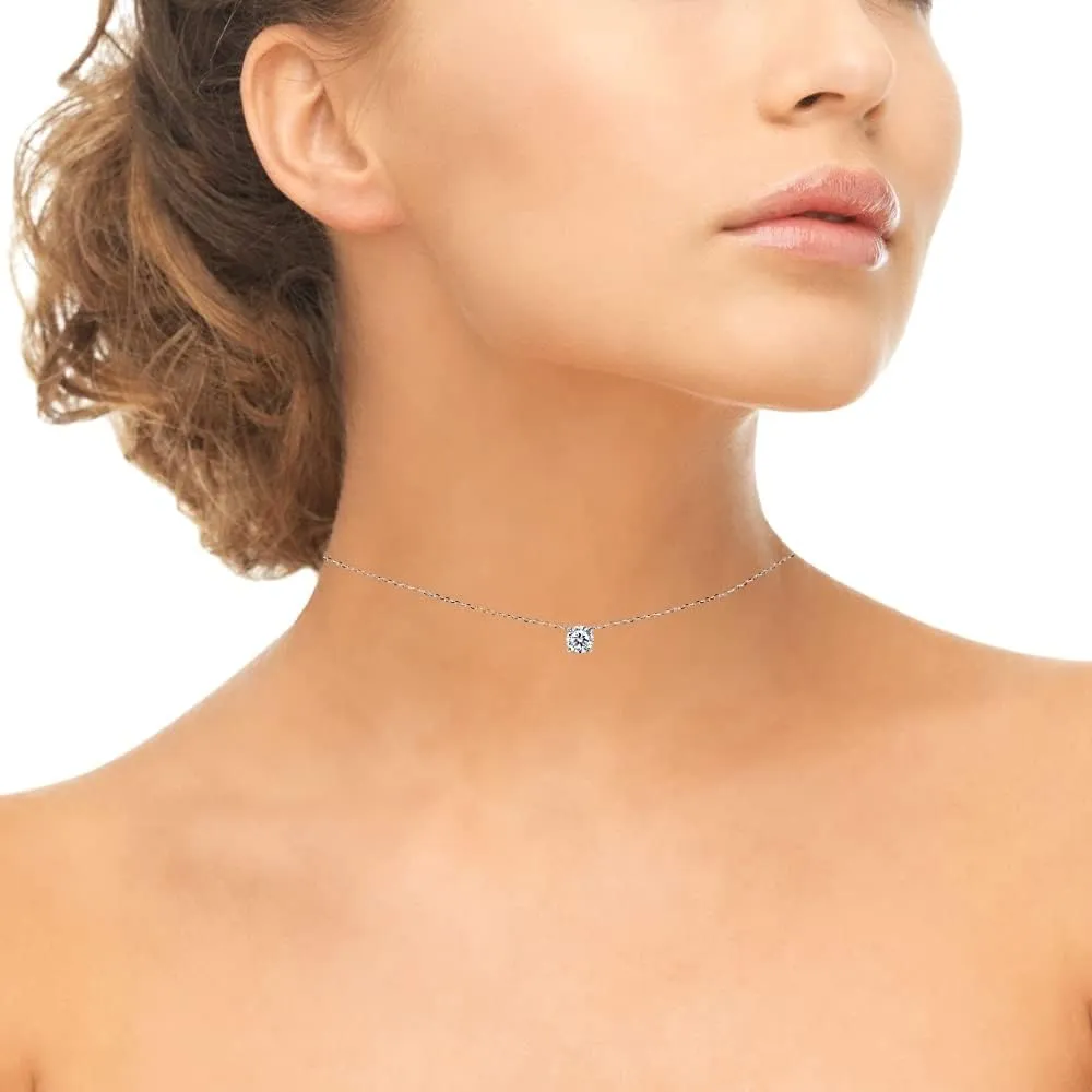B. BRILLIANT Sterling Silver 6mm AAA Cubic Zirconia Solitaire Stone Short Choker CZ Necklace for Women