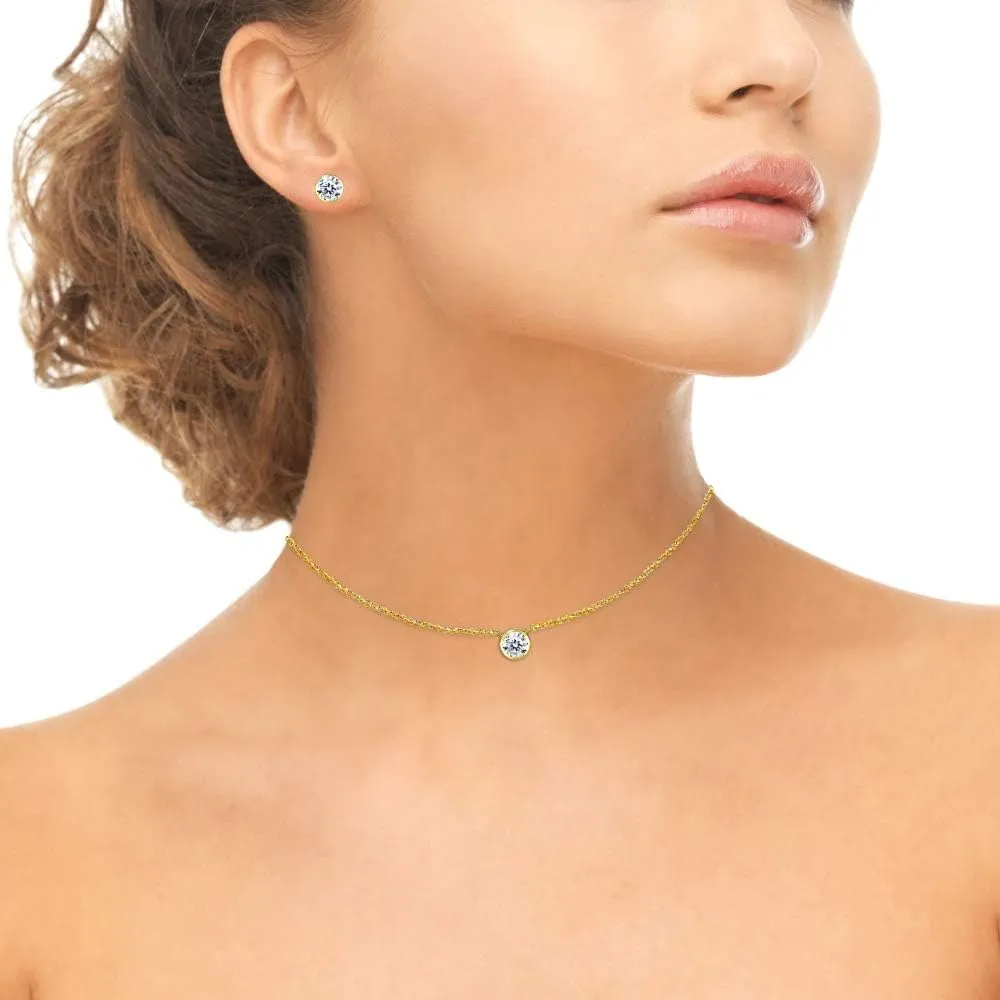 B. BRILLIANT Sterling Silver CZ 5mm Round Bezel Solitaire Dainty Necklace & Stud Earrings Set, Made w/AAA Cubic Zirconia