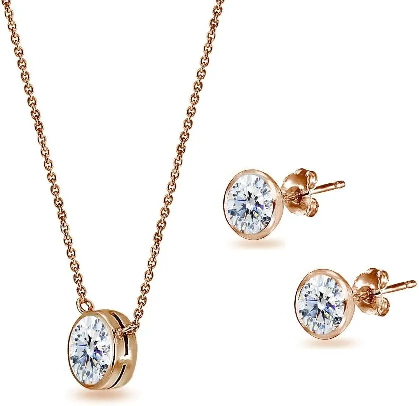 B. BRILLIANT Sterling Silver CZ 5mm Round Bezel Solitaire Dainty Necklace & Stud Earrings Set, Made w/AAA Cubic Zirconia