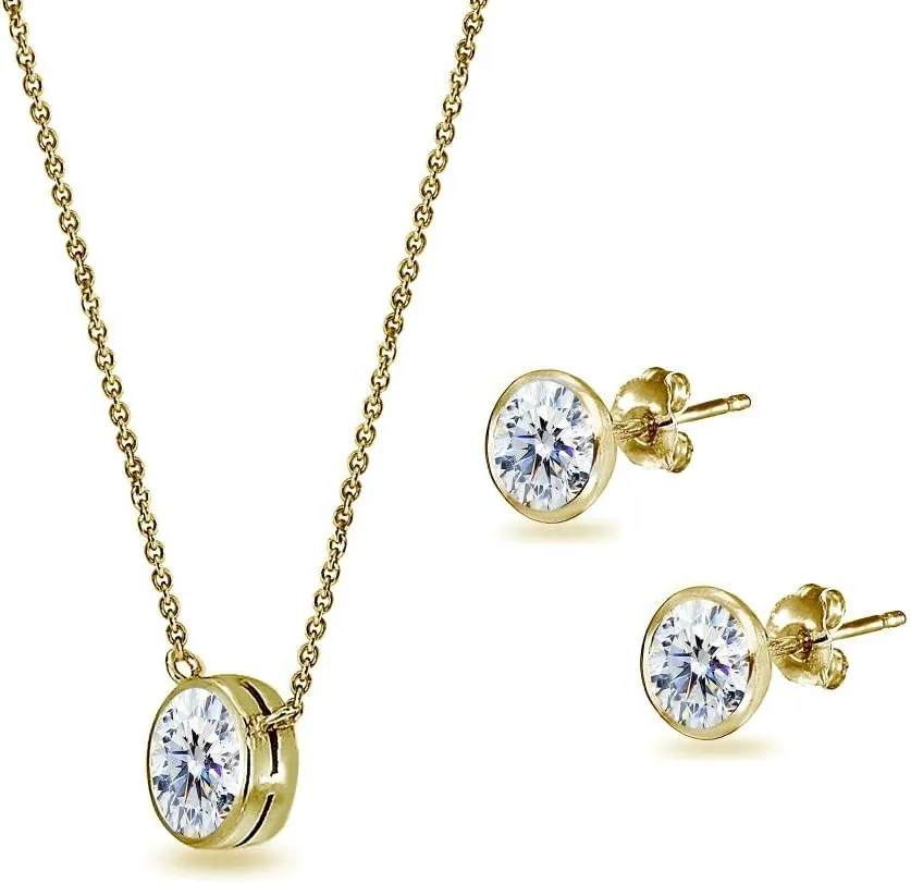 B. BRILLIANT Sterling Silver CZ 5mm Round Bezel Solitaire Dainty Necklace & Stud Earrings Set, Made w/AAA Cubic Zirconia