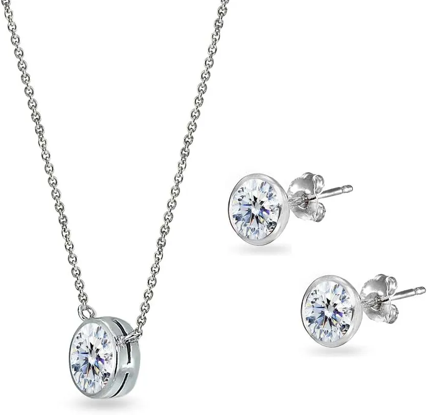 B. BRILLIANT Sterling Silver CZ 5mm Round Bezel Solitaire Dainty Necklace & Stud Earrings Set, Made w/AAA Cubic Zirconia