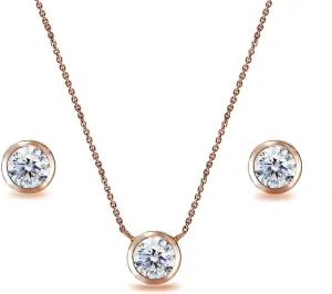 B. BRILLIANT Sterling Silver CZ 5mm Round Bezel Solitaire Dainty Necklace & Stud Earrings Set, Made w/AAA Cubic Zirconia