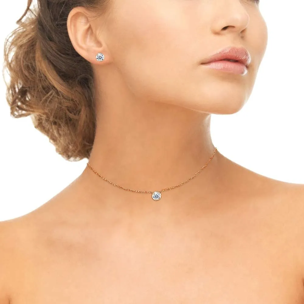 B. BRILLIANT Sterling Silver CZ 5mm Round Bezel Solitaire Dainty Necklace & Stud Earrings Set, Made w/AAA Cubic Zirconia