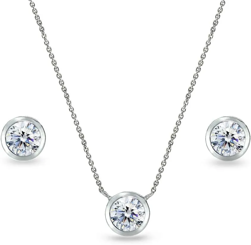 B. BRILLIANT Sterling Silver CZ 5mm Round Bezel Solitaire Dainty Necklace & Stud Earrings Set, Made w/AAA Cubic Zirconia
