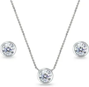 B. BRILLIANT Sterling Silver CZ 5mm Round Bezel Solitaire Dainty Necklace & Stud Earrings Set, Made w/AAA Cubic Zirconia