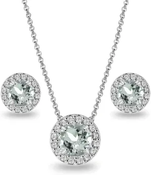 B. BRILLIANT Sterling Silver Genuine, Created or Simulated Gemstone Round Halo Necklace & Stud Earrings Jewelry Set for Women w/Gift Box