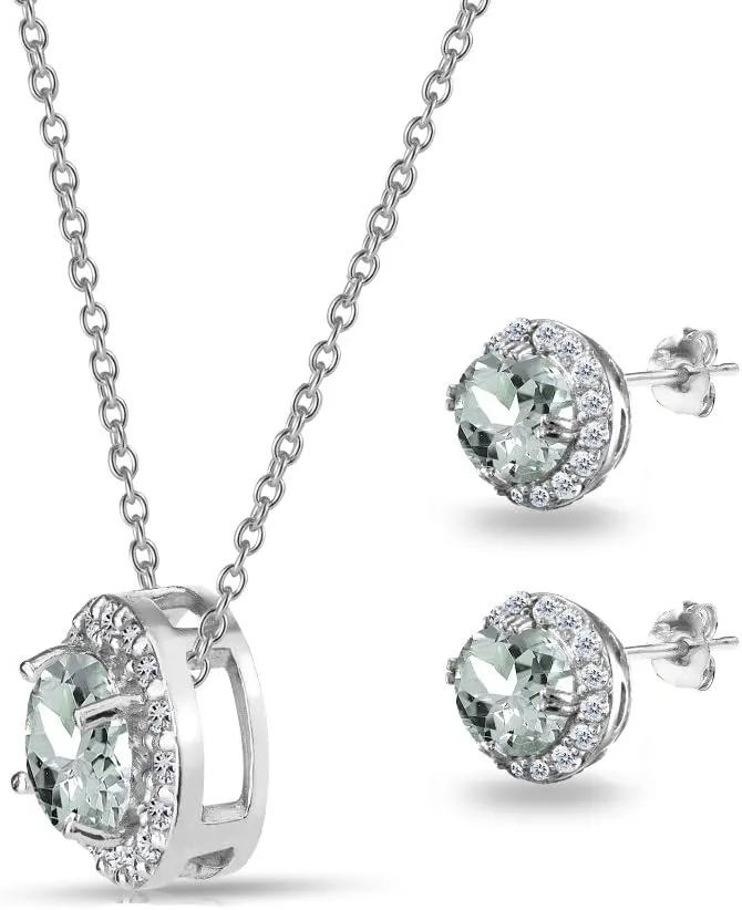 B. BRILLIANT Sterling Silver Genuine, Created or Simulated Gemstone Round Halo Necklace & Stud Earrings Jewelry Set for Women w/Gift Box