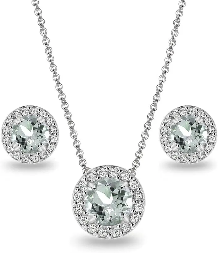 B. BRILLIANT Sterling Silver Genuine, Created or Simulated Gemstone Round Halo Necklace & Stud Earrings Jewelry Set for Women w/Gift Box