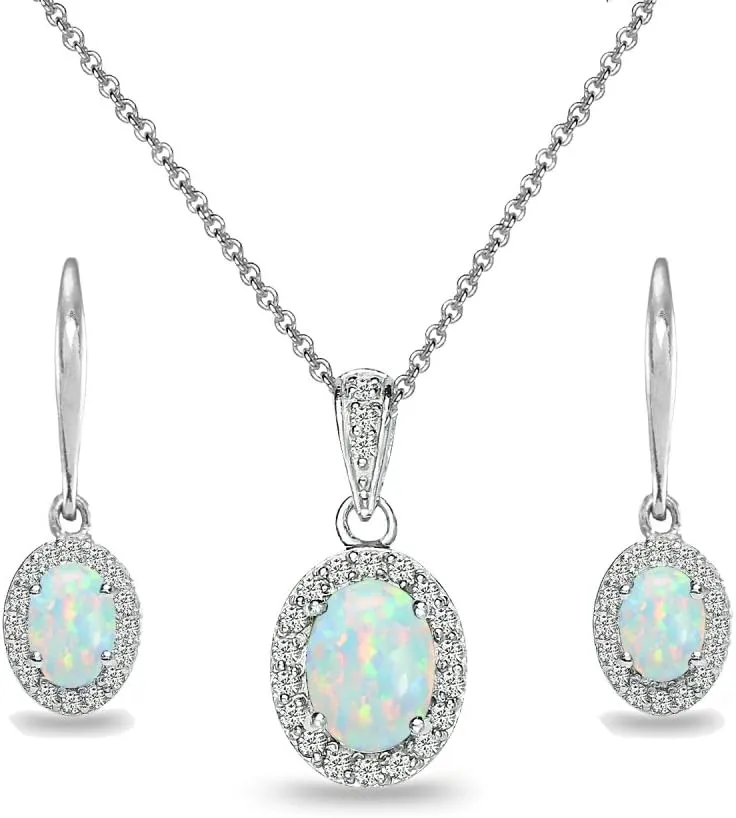 B. BRILLIANT Sterling Silver Genuine, Created or Simulated OvalGemstone Halo Dangle Earrings & Necklace Jewelry Set for Women Bridemaids with Gift Box