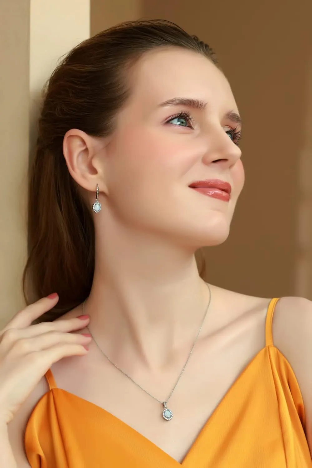 B. BRILLIANT Sterling Silver Genuine, Created or Simulated OvalGemstone Halo Dangle Earrings & Necklace Jewelry Set for Women Bridemaids with Gift Box
