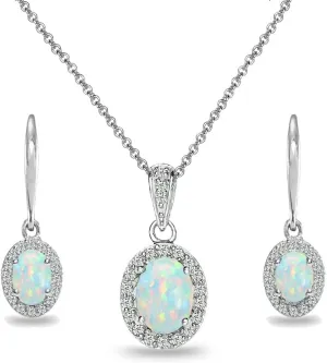 B. BRILLIANT Sterling Silver Genuine, Created or Simulated OvalGemstone Halo Dangle Earrings & Necklace Jewelry Set for Women Bridemaids with Gift Box