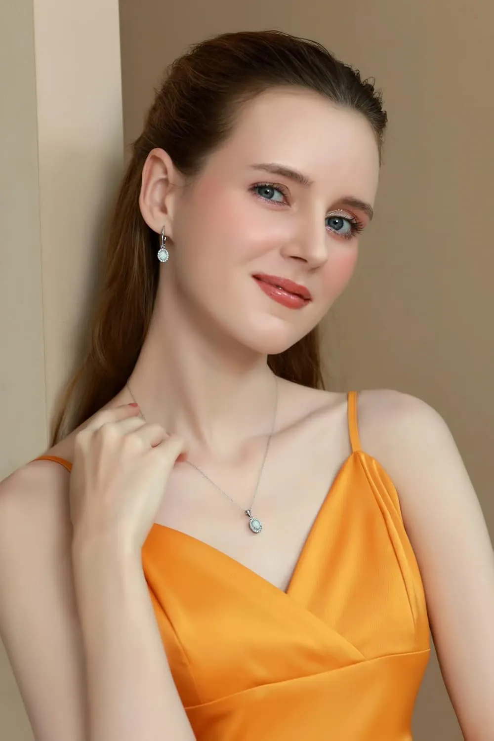 B. BRILLIANT Sterling Silver Genuine, Created or Simulated OvalGemstone Halo Dangle Earrings & Necklace Jewelry Set for Women Bridemaids with Gift Box