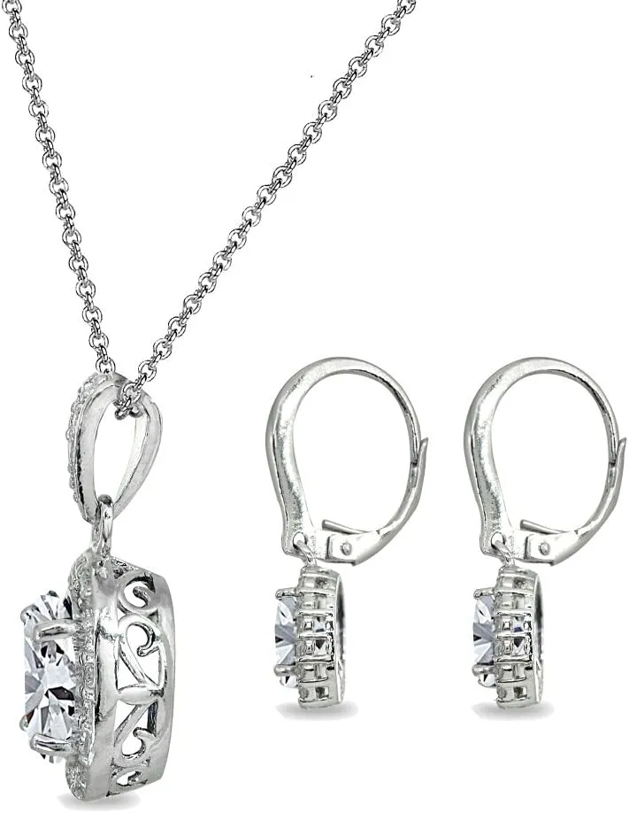 B. BRILLIANT Sterling Silver Genuine, Created or Simulated OvalGemstone Halo Dangle Earrings & Necklace Jewelry Set for Women Bridemaids with Gift Box