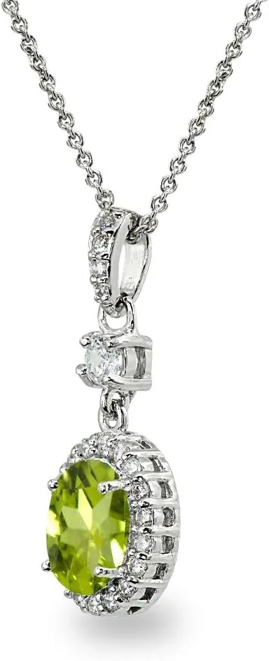 B. BRILLIANT Sterling Silver Genuine or Synthetic Gemstone & Cubic Zirconia 8x6mm Oval-Cut Halo Pendant Necklace