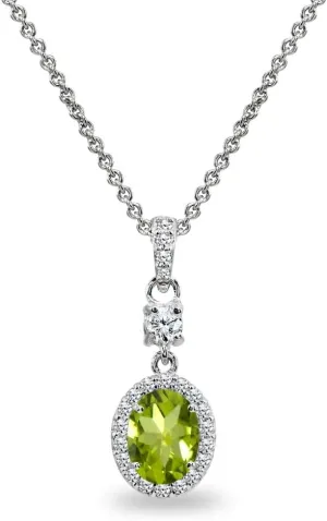 B. BRILLIANT Sterling Silver Genuine or Synthetic Gemstone & Cubic Zirconia 8x6mm Oval-Cut Halo Pendant Necklace