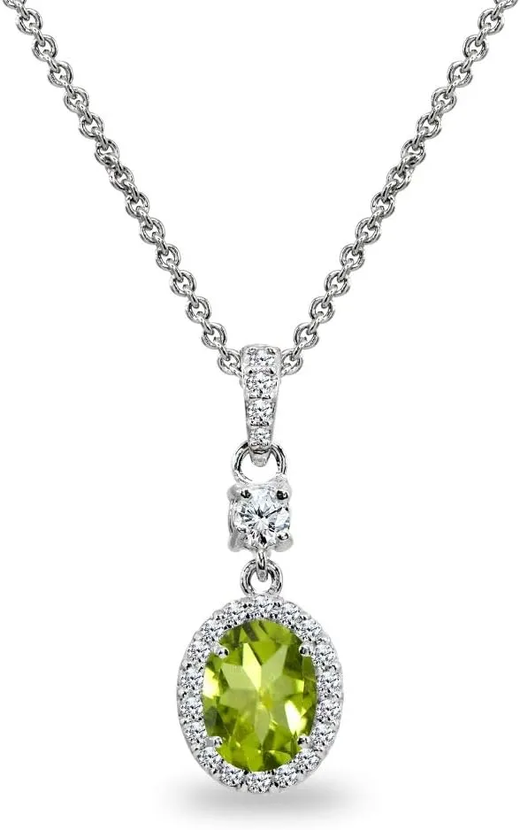 B. BRILLIANT Sterling Silver Genuine or Synthetic Gemstone & Cubic Zirconia 8x6mm Oval-Cut Halo Pendant Necklace