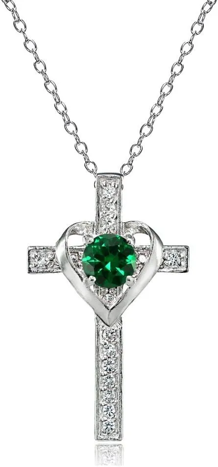 B. BRILLIANT Sterling Silver Genuine or Synthetic Gemstone Heart in Cross Necklace for Women