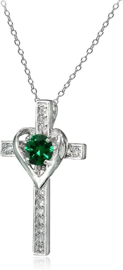 B. BRILLIANT Sterling Silver Genuine or Synthetic Gemstone Heart in Cross Necklace for Women