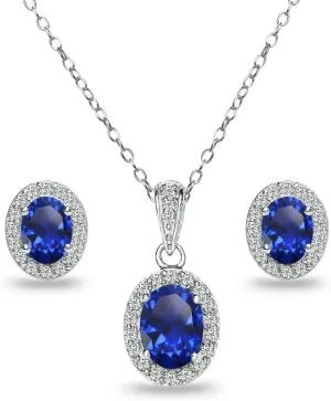 B. BRILLIANT Sterling Silver Genuine or Synthetic Gemstone Oval Halo Necklace & Earrings Jewelry Set for Women Bridesmaids