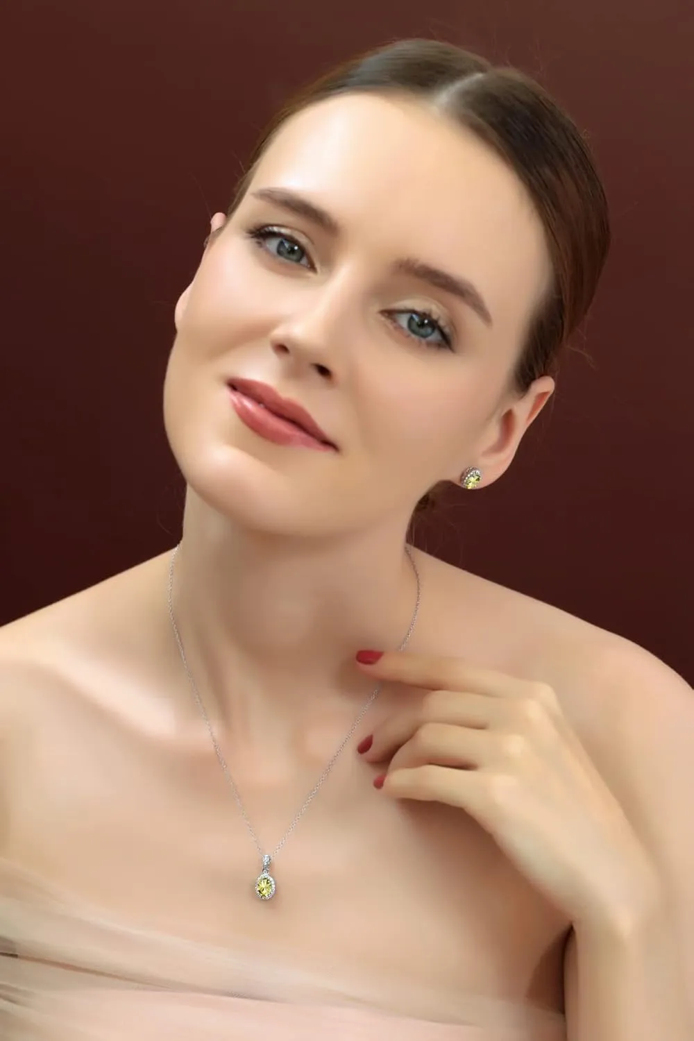B. BRILLIANT Sterling Silver Genuine or Synthetic Gemstone Oval Halo Necklace & Earrings Jewelry Set for Women Bridesmaids