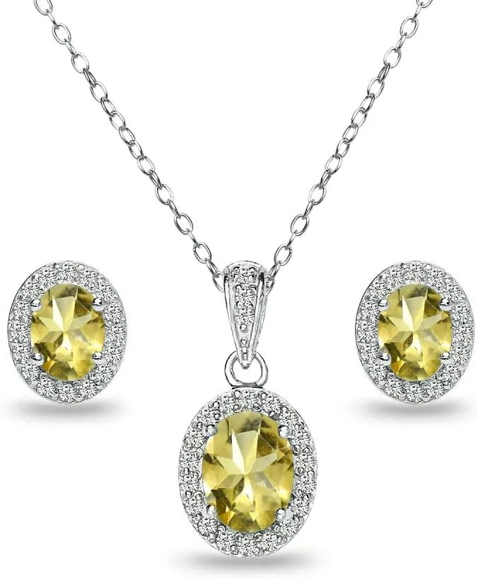 B. BRILLIANT Sterling Silver Genuine or Synthetic Gemstone Oval Halo Necklace & Earrings Jewelry Set for Women Bridesmaids