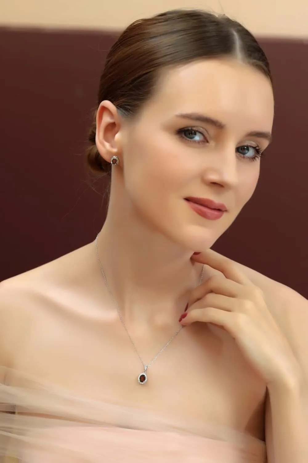 B. BRILLIANT Sterling Silver Genuine or Synthetic Gemstone Oval Halo Necklace & Earrings Jewelry Set for Women Bridesmaids