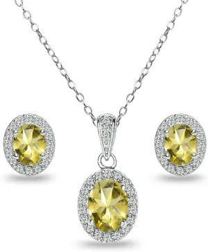 B. BRILLIANT Sterling Silver Genuine or Synthetic Gemstone Oval Halo Necklace & Earrings Jewelry Set for Women Bridesmaids