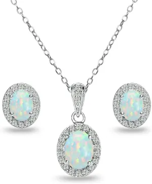 B. BRILLIANT Sterling Silver Genuine or Synthetic Gemstone Oval Halo Necklace & Earrings Jewelry Set for Women Bridesmaids