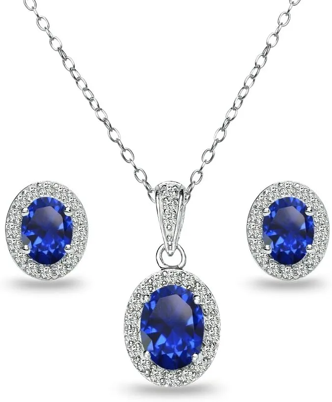 B. BRILLIANT Sterling Silver Genuine or Synthetic Gemstone Oval Halo Necklace & Earrings Jewelry Set for Women Bridesmaids