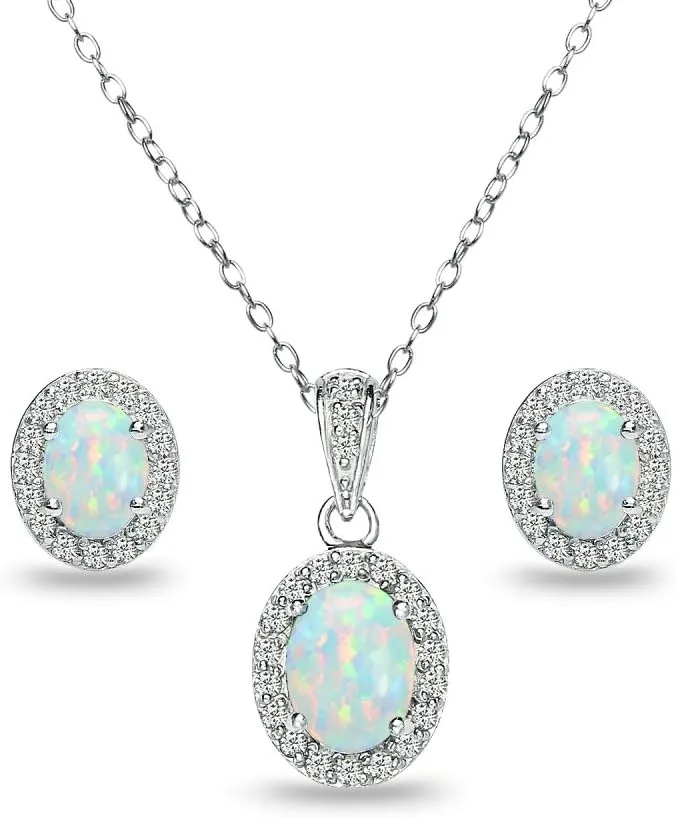 B. BRILLIANT Sterling Silver Genuine or Synthetic Gemstone Oval Halo Necklace & Earrings Jewelry Set for Women Bridesmaids