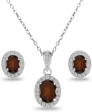 B. BRILLIANT Sterling Silver Genuine or Synthetic Gemstone Oval Halo Necklace & Earrings Jewelry Set for Women Bridesmaids