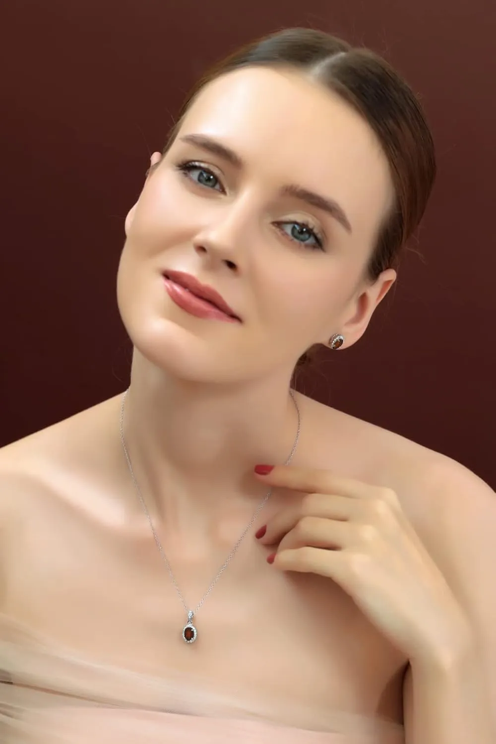 B. BRILLIANT Sterling Silver Genuine or Synthetic Gemstone Oval Halo Necklace & Earrings Jewelry Set for Women Bridesmaids