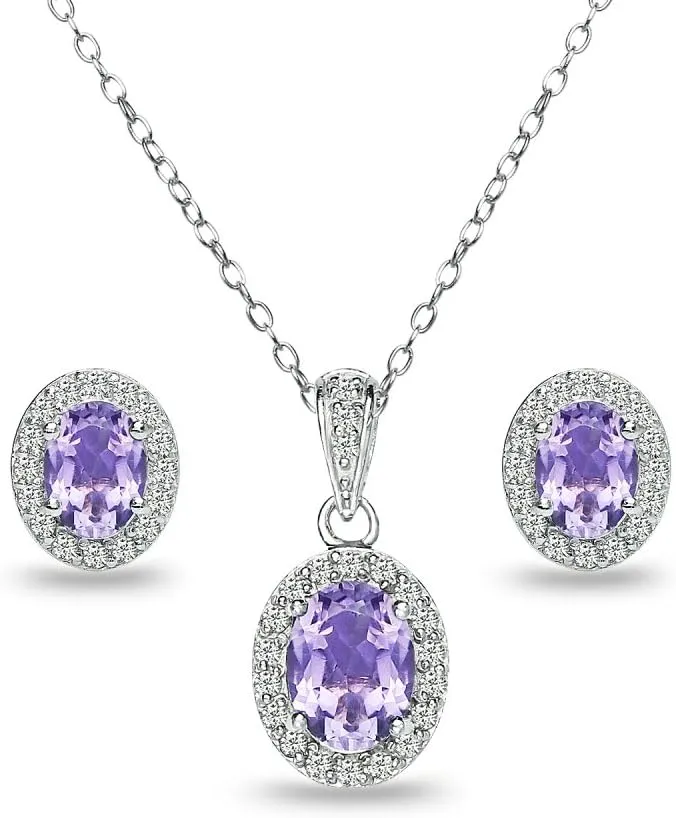 B. BRILLIANT Sterling Silver Genuine or Synthetic Gemstone Oval Halo Necklace & Earrings Jewelry Set for Women Bridesmaids
