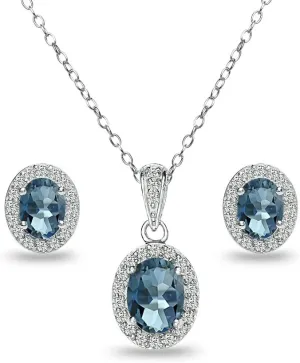 B. BRILLIANT Sterling Silver Genuine or Synthetic Gemstone Oval Halo Necklace & Earrings Jewelry Set for Women Bridesmaids